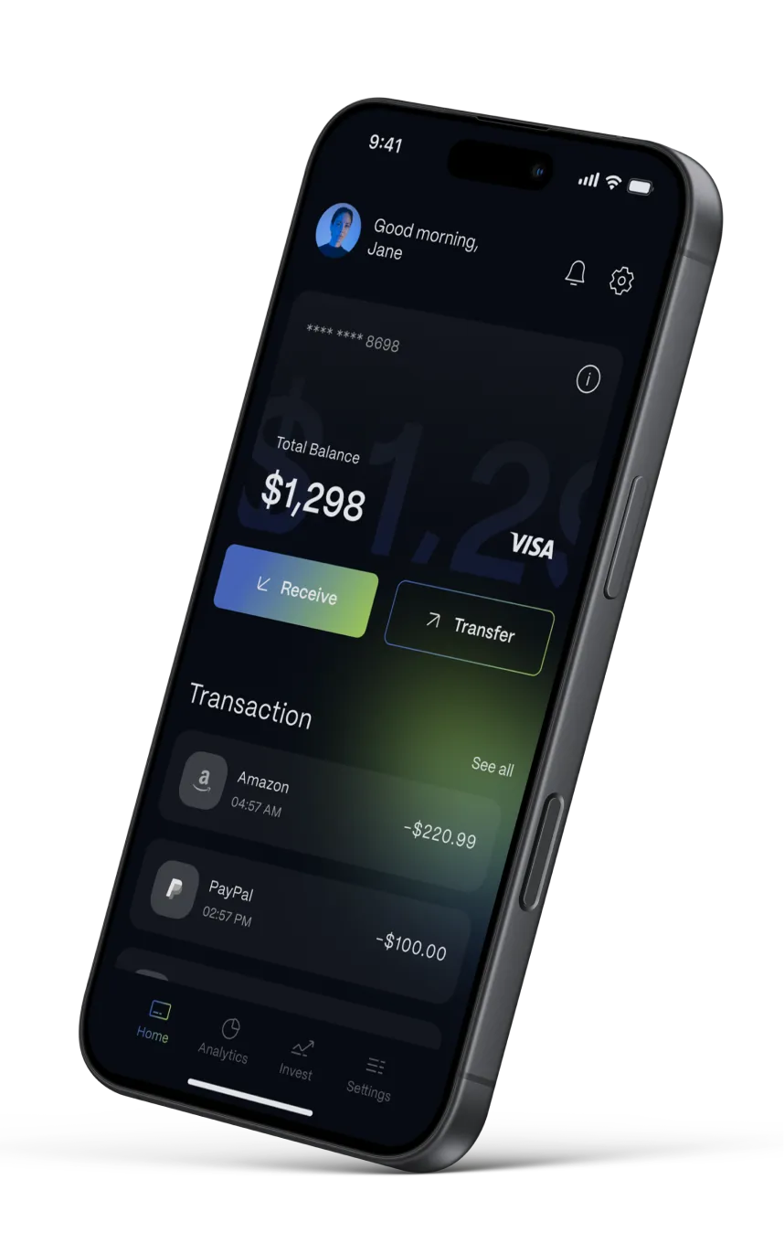 Angled iPhone mockup showing the banking app home screen with the $1,298 balance card, Receive and Transfer buttons and the transaction list.