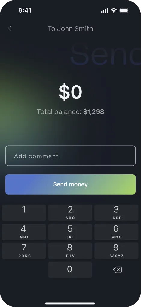 iPhone showing the banking app send-money screen: a $0 amount above a comment field, the Send money button and the keypad.