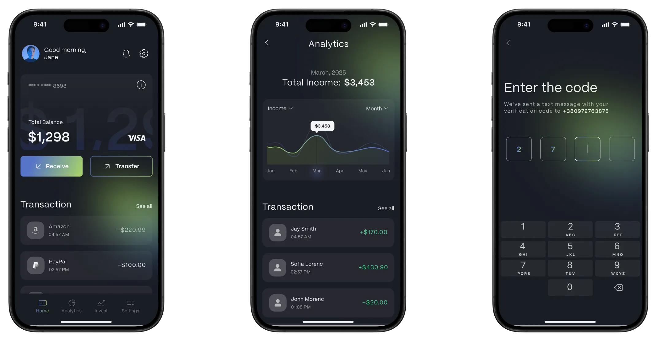 Three iPhones side by side showing the banking app: the account home with a $1,298 balance, the analytics dashboard, and the verification-code screen.
