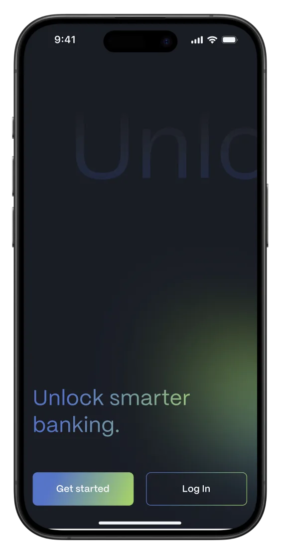 iPhone showing the banking app welcome screen: “Unlock smarter banking.” with Get started and Log in.