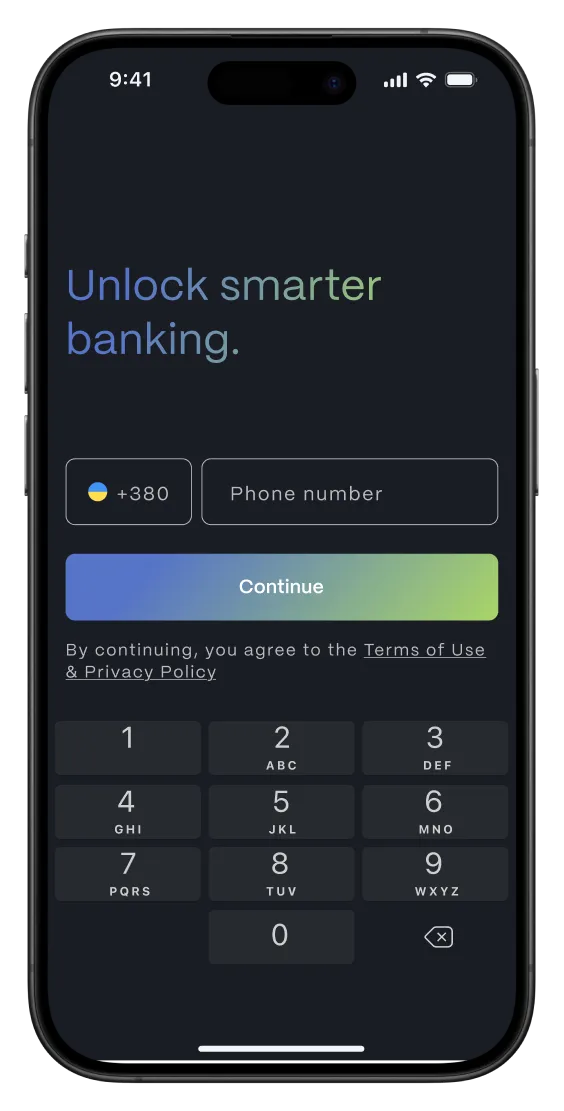 iPhone showing the banking app phone-number step with a country selector and the Continue button.