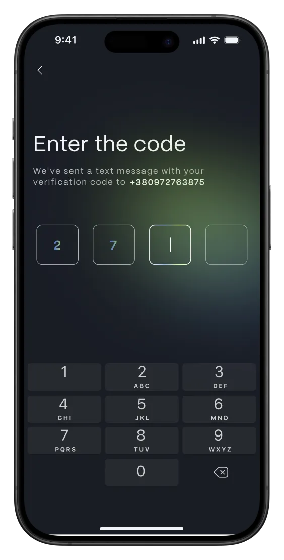 iPhone showing the banking app “Enter the code” verification step with the code field and keypad.