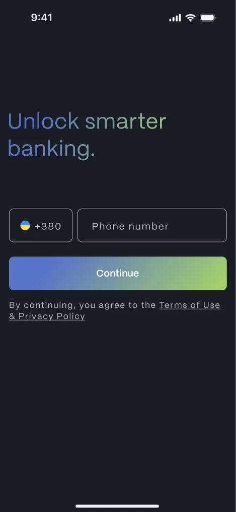 Banking app onboarding screen — “Unlock smarter banking.” with Get started and Log in buttons.
