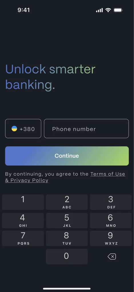 Banking app phone-number screen — country selector, number field and a gradient Continue button.