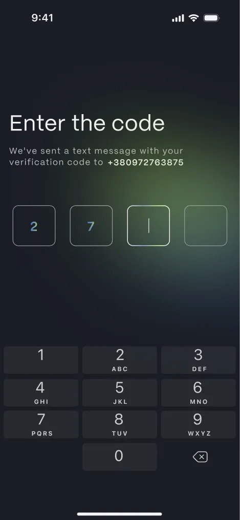 Banking app verification screen — “Enter the code” with a four-digit code field and keypad.