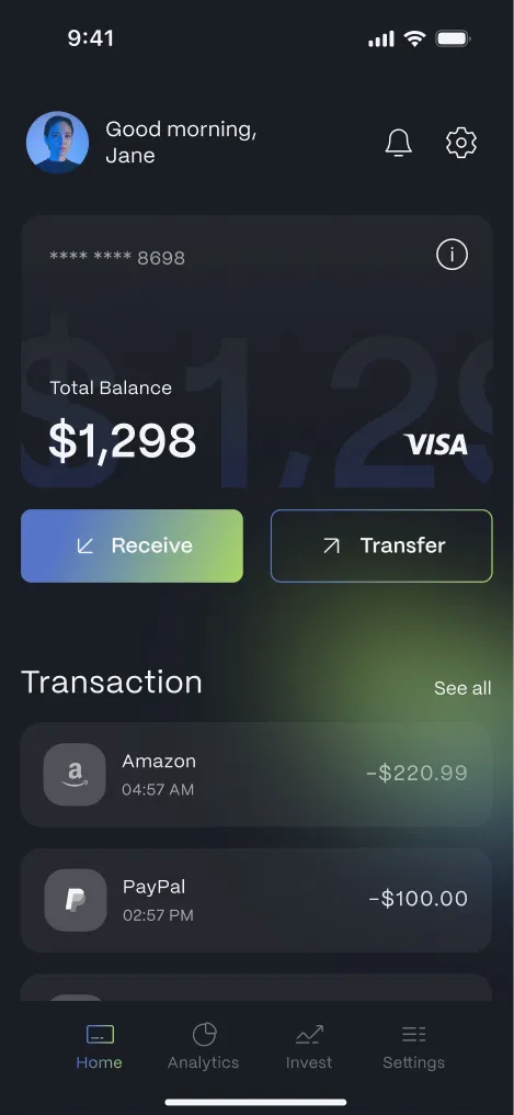 Banking app home screen — “Good morning, Jane”, a $1,298 balance card and the transaction list.