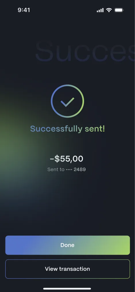 Banking app confirmation screen — “Successfully sent!” with a −$55,00 receipt.