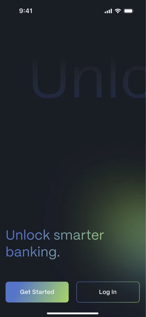 Banking app onboarding screen with the “Unlock smarter banking.” headline over a green glow.
