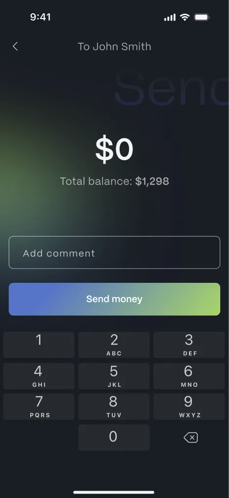 Banking app send-money screen — a $0 amount over the keypad with the Send money button.