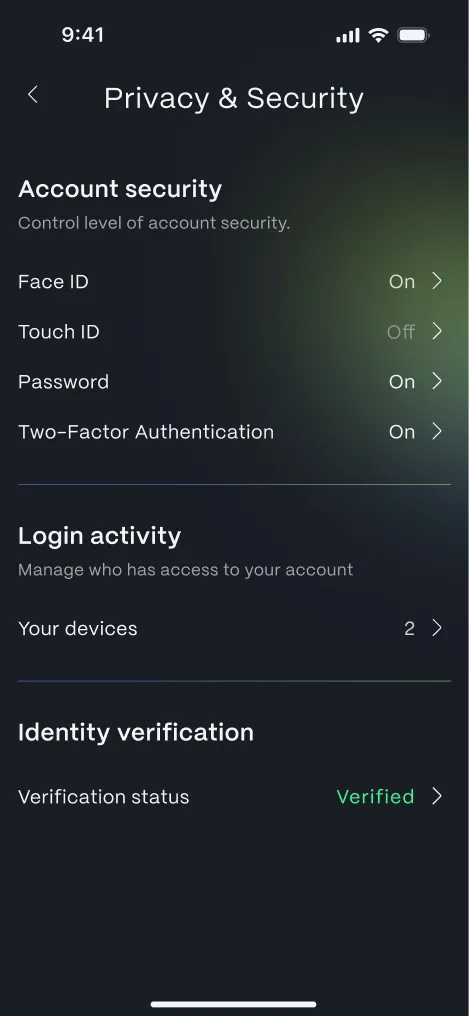 Banking app Privacy & Security screen — account security, login activity and identity verification rows.