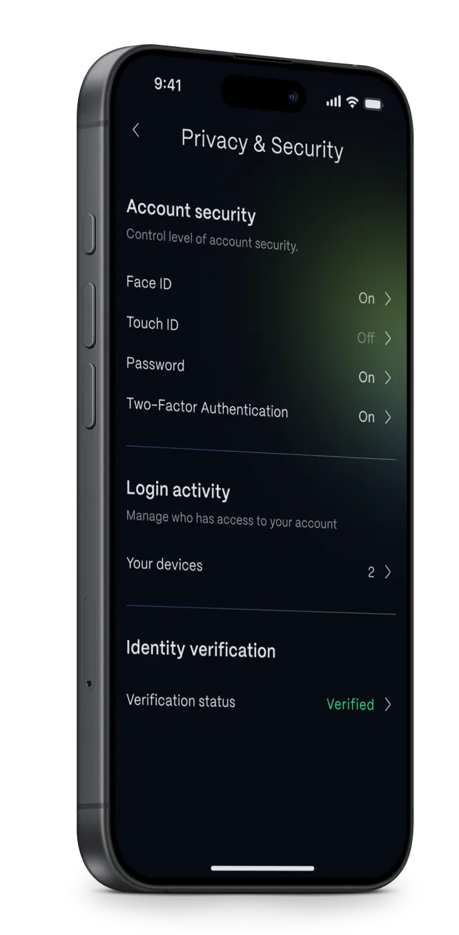 Angled iPhone mockup showing the banking app Privacy & Security screen with account-security, login-activity and identity-verification sections.