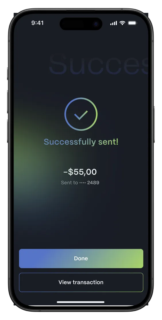iPhone showing the banking app confirmation screen: a green check above “Successfully sent!” and a −$55,00 receipt.