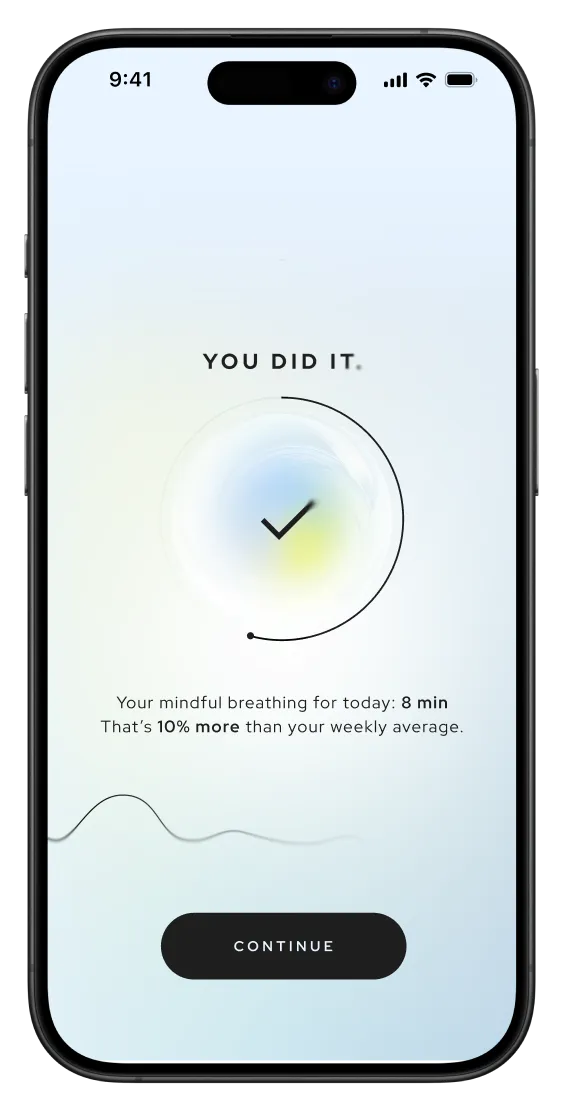 iPhone showing the Aneva session-complete screen: “You did it.” above a progress ring and the day’s breathing summary.