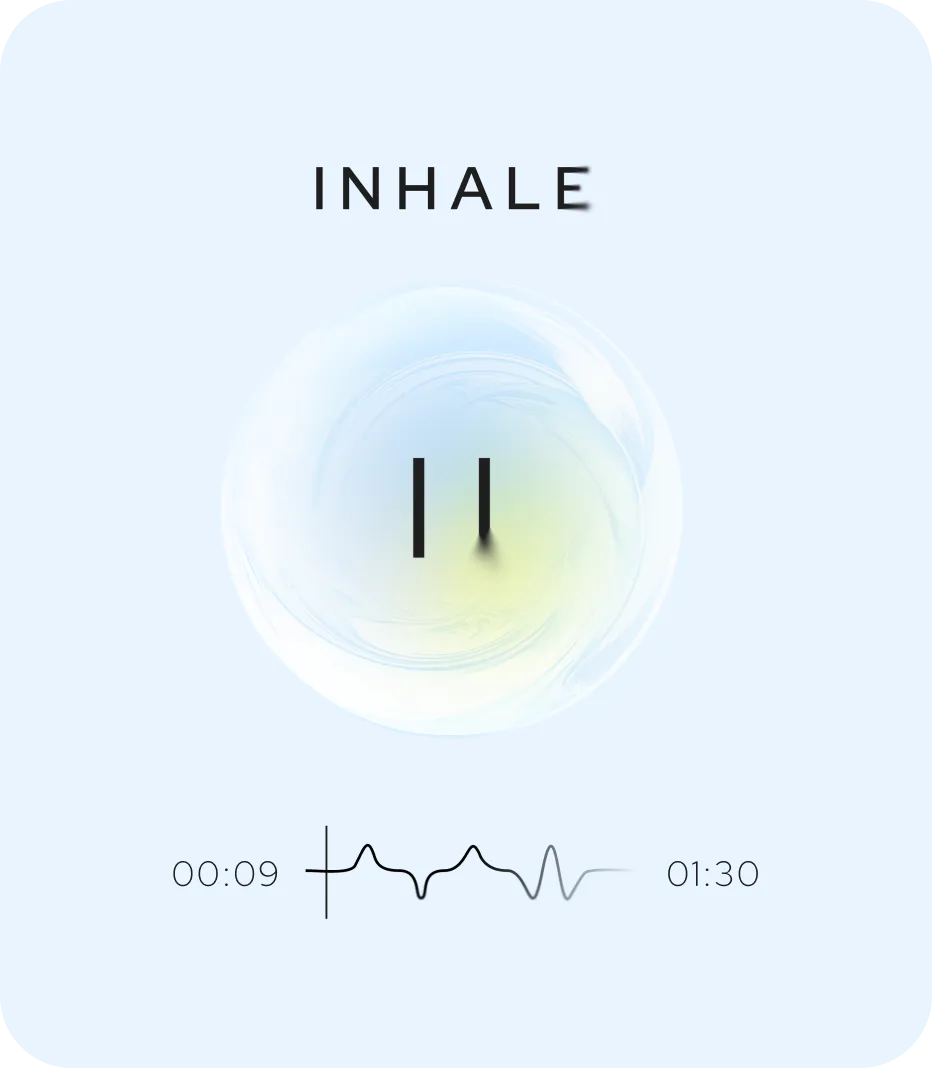 Aneva “INHALE” card: a glowing breathing orb with a pause glyph above a 00:09 – 01:30 session timeline.