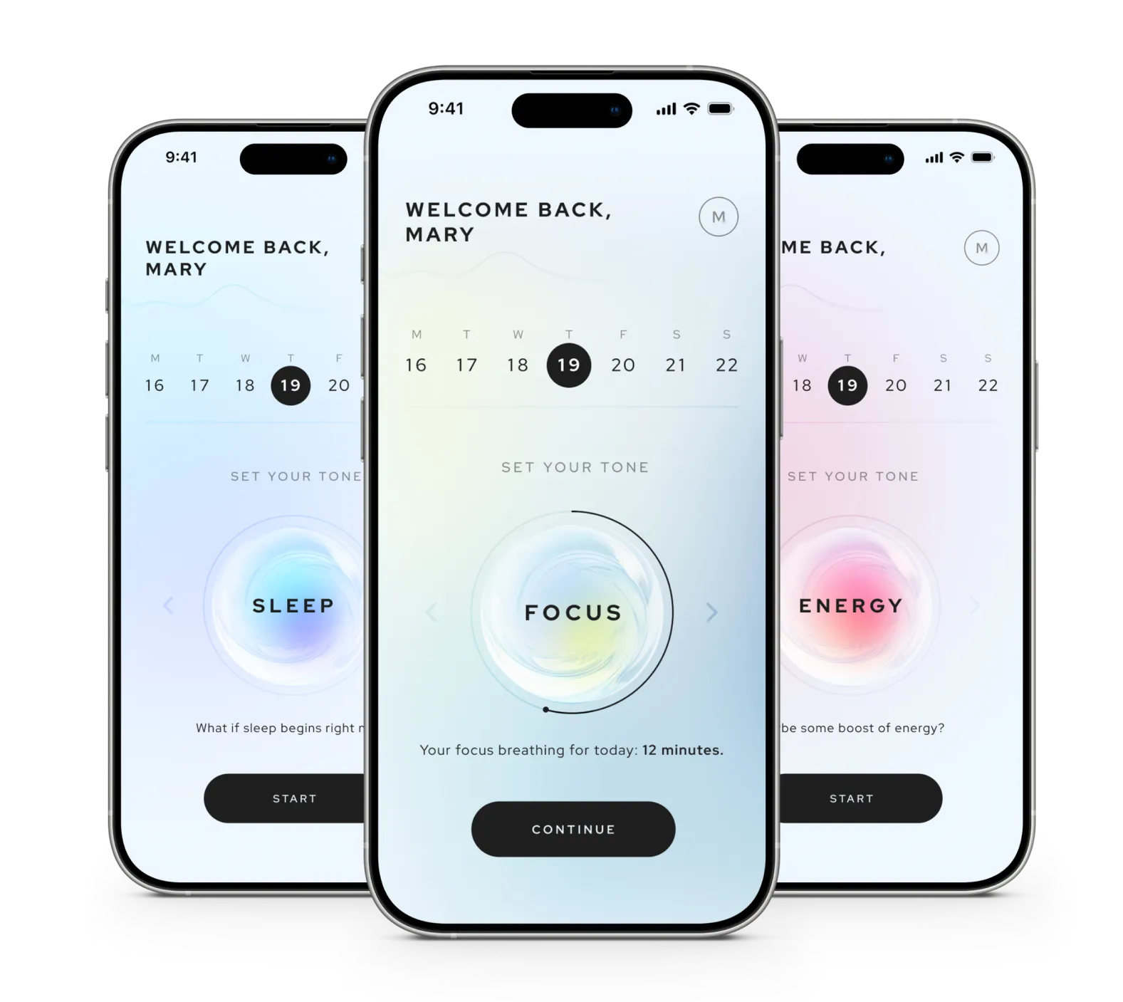 Three iPhones side by side showing the Sleep, Focus and Energy tone dials on the Aneva home screen.