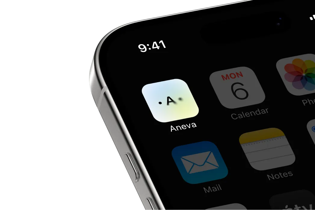 iPhone home screen close-up with the Aneva app icon — the ·A· mark on a pale blue-to-lemon gradient tile.