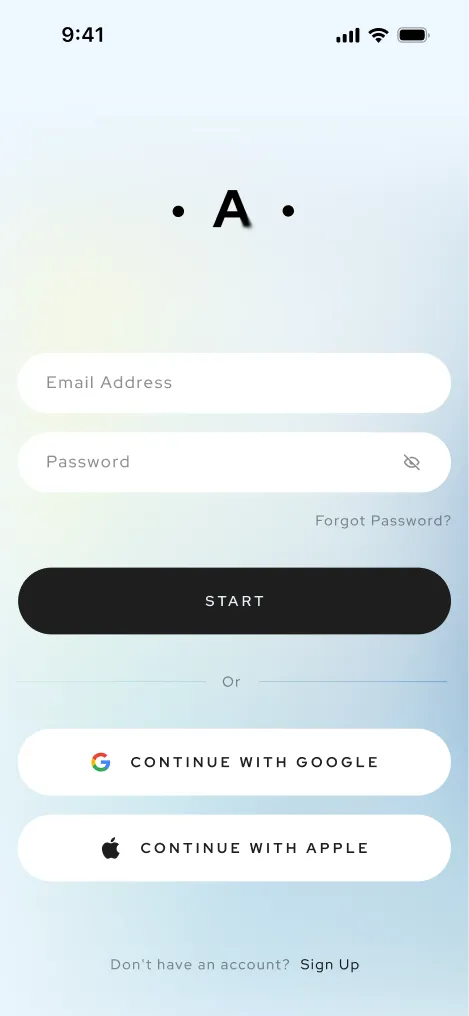 Aneva sign-in screen — email and password fields, Start button, and Continue with Google or Apple.
