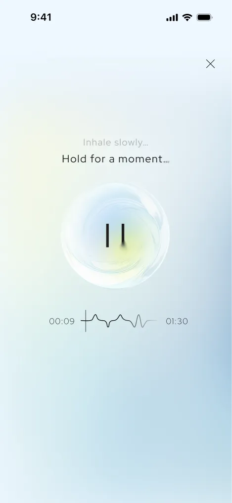 Aneva guided session screen — an on-screen “Hold for a moment…” caption above the paused breathing orb and timeline.