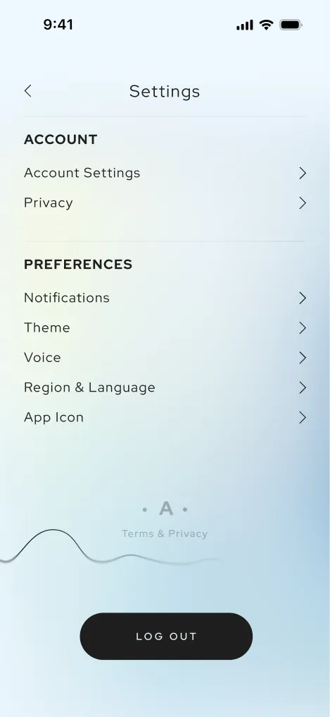 Aneva settings screen — Account and Preferences lists with notifications, theme, voice and language rows.