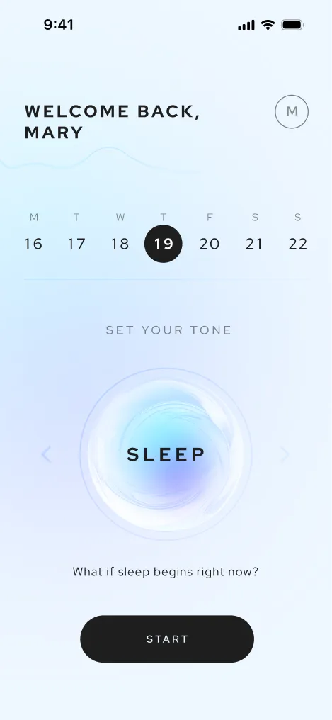 Aneva home screen with the Sleep tone selected on a blue-violet dial.