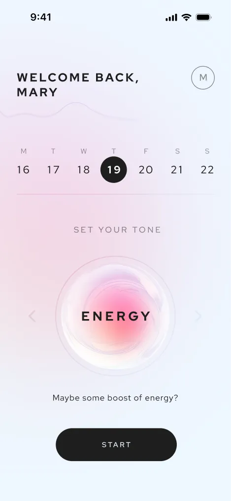 Aneva home screen with the Energy tone selected on a warm pink dial.