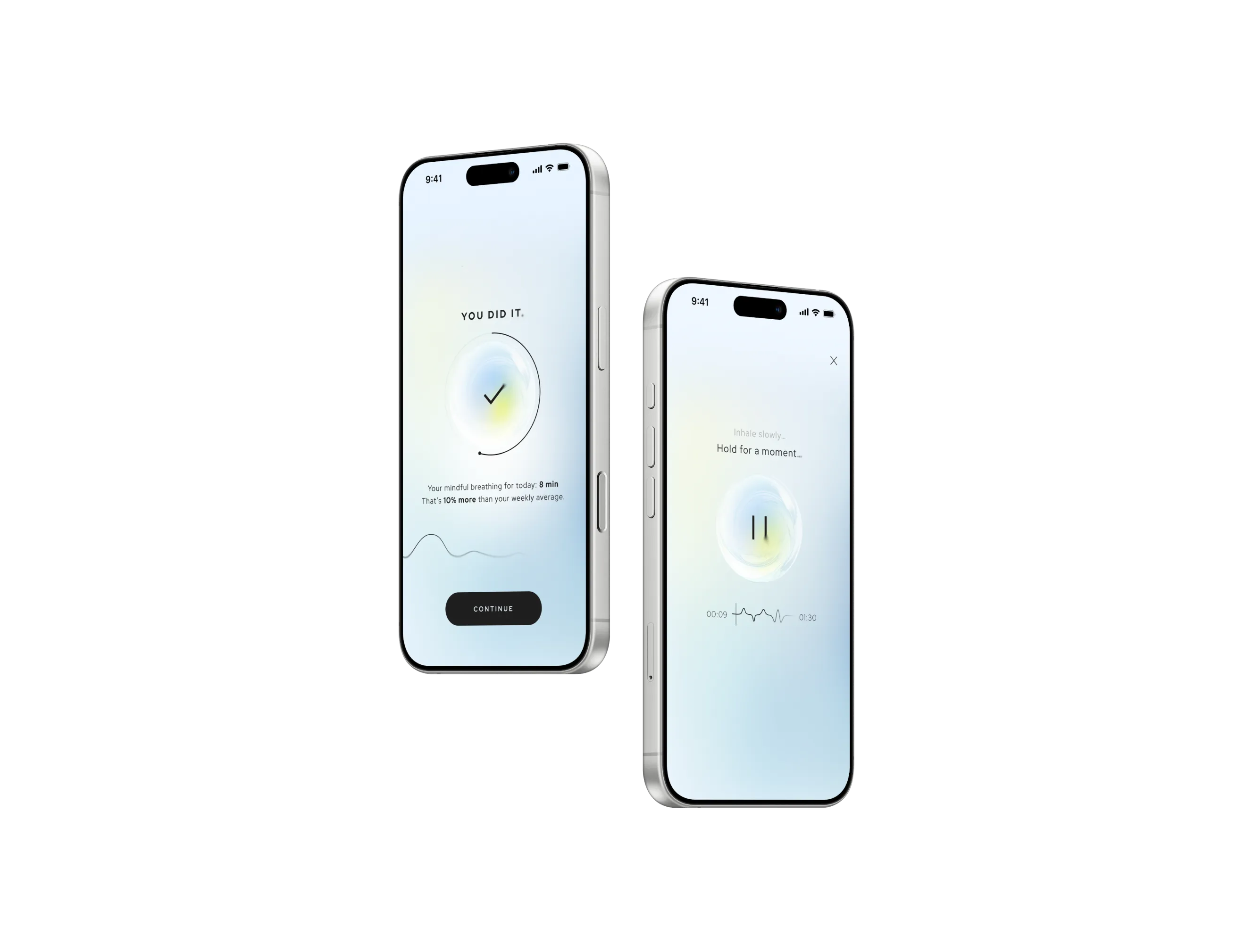 Two angled iPhones: one showing the session-complete progress screen, the other a live “Hold for a moment…” breathing caption.