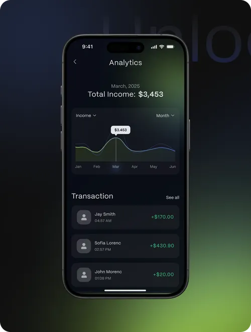 Banking App — iPhone showing the analytics dashboard with an income chart and transaction list on a dark green gradient.