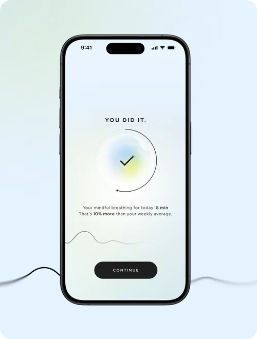 Breathe App | Aneva — iPhone showing the session-complete screen with a progress ring on a pale blue gradient.