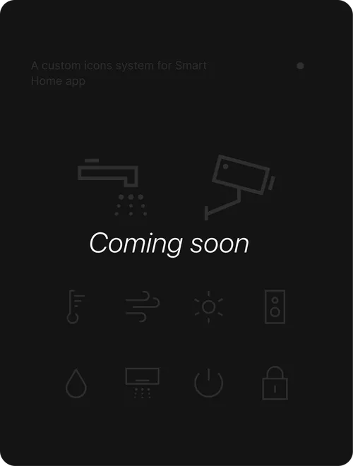Iconography for Smart Home app — custom line icon set on a dark card, marked "Coming soon".